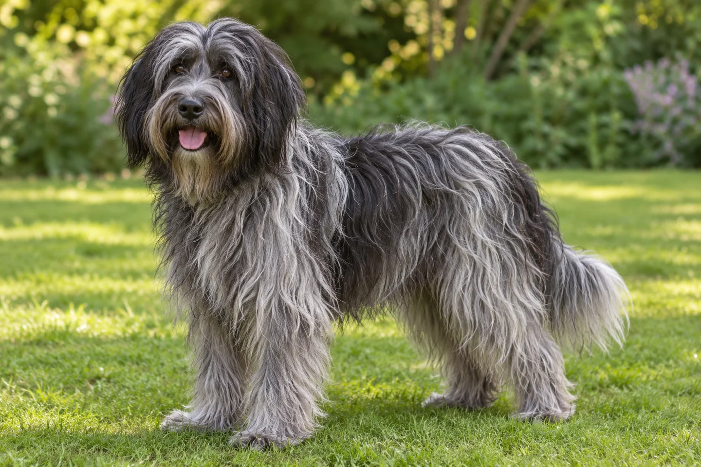 Nederlandse Schapendoes adult standing naturally on a garden lawn, showing grey and black long coat