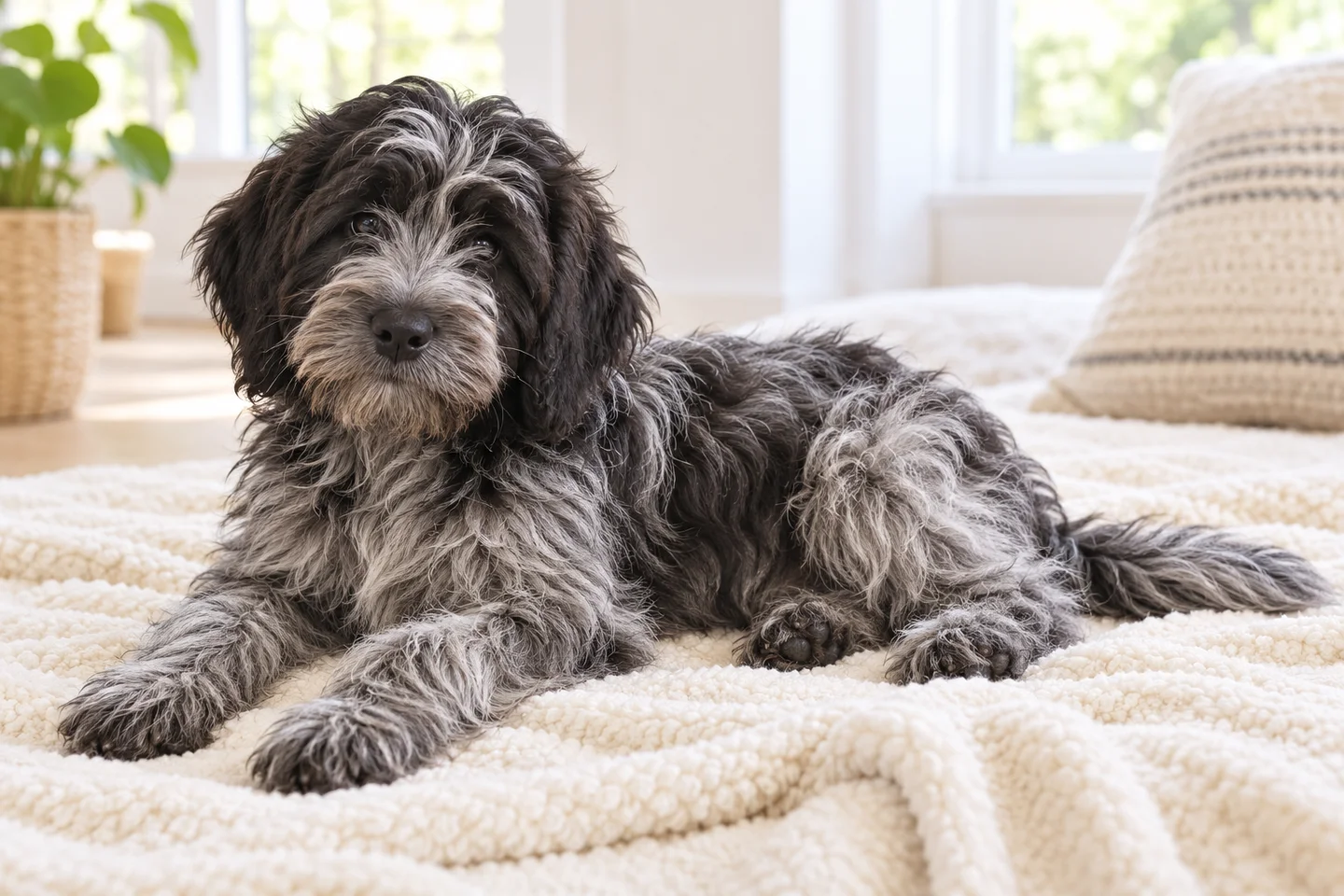 Nederlandse Schapendoes older puppy resting on a blanket indoors, showing grey and black long coat