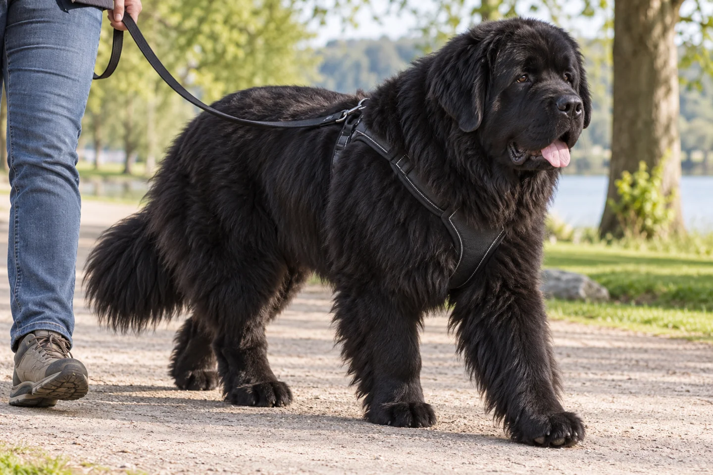 Newfoundland walking in a fitted harness beside an adult handler, showing black dense double coat