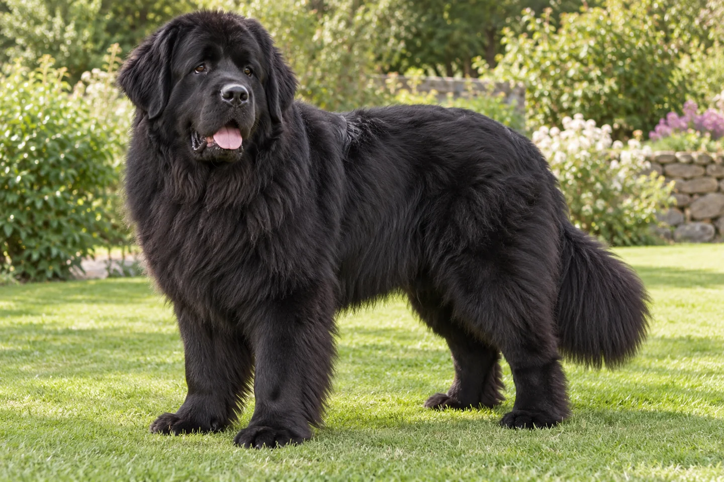 Newfoundland adult standing naturally on a garden lawn, showing black dense double coat
