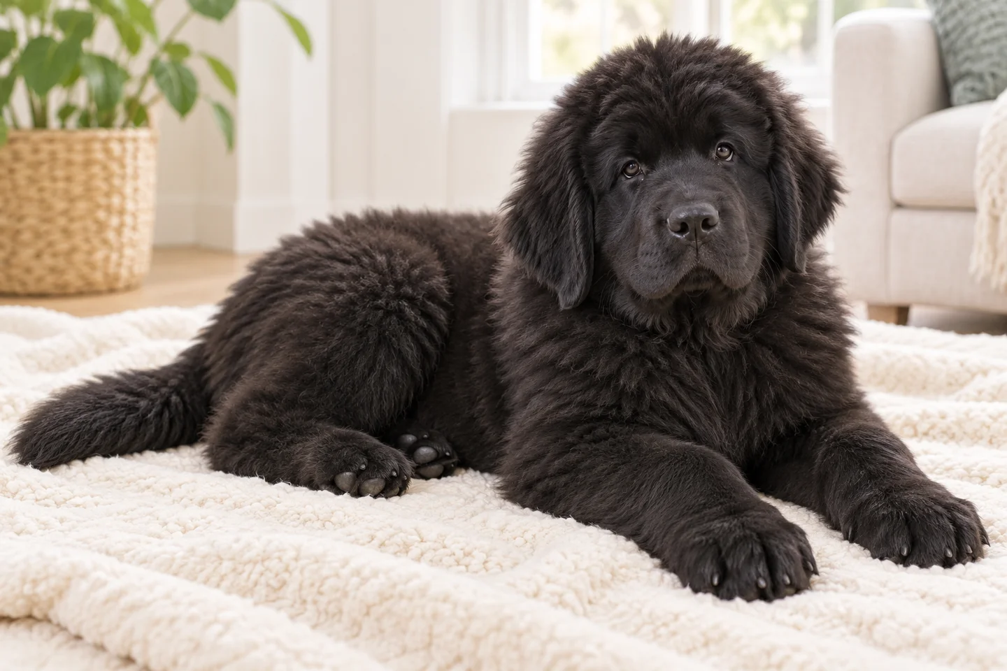 Newfoundland older puppy resting on a blanket indoors, showing black dense double coat