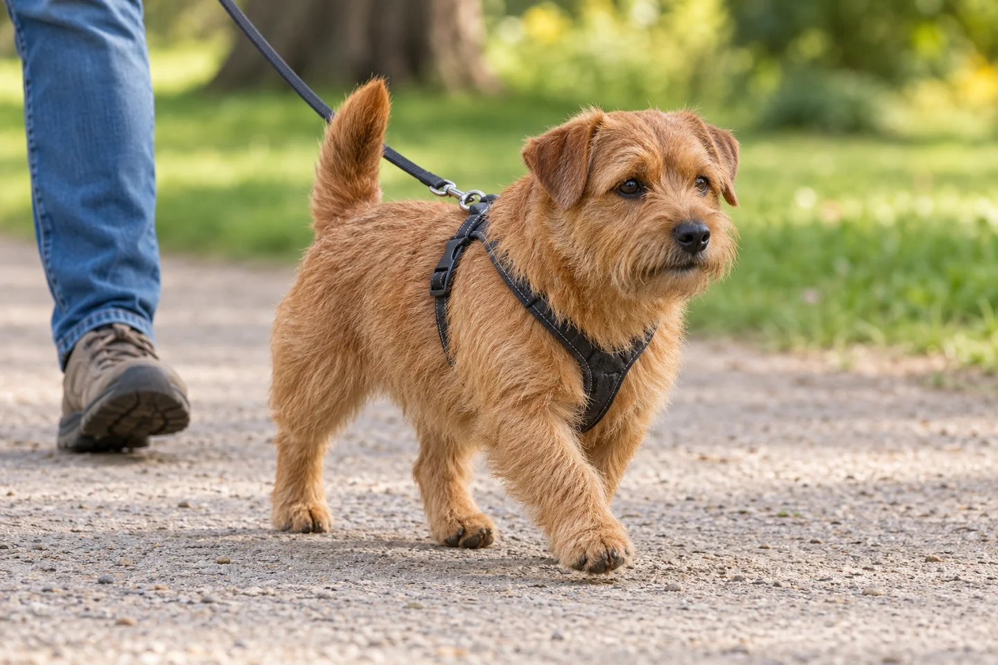 Norfolk Terrier walking in a fitted harness beside an adult handler, showing red wiry coat