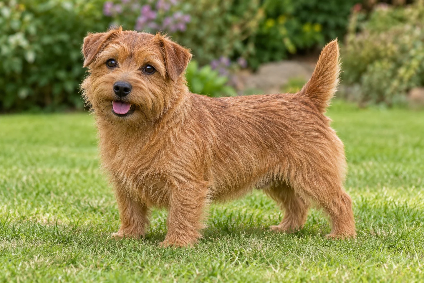 Norfolk Terrier adult standing naturally on a garden lawn, showing red wiry coat