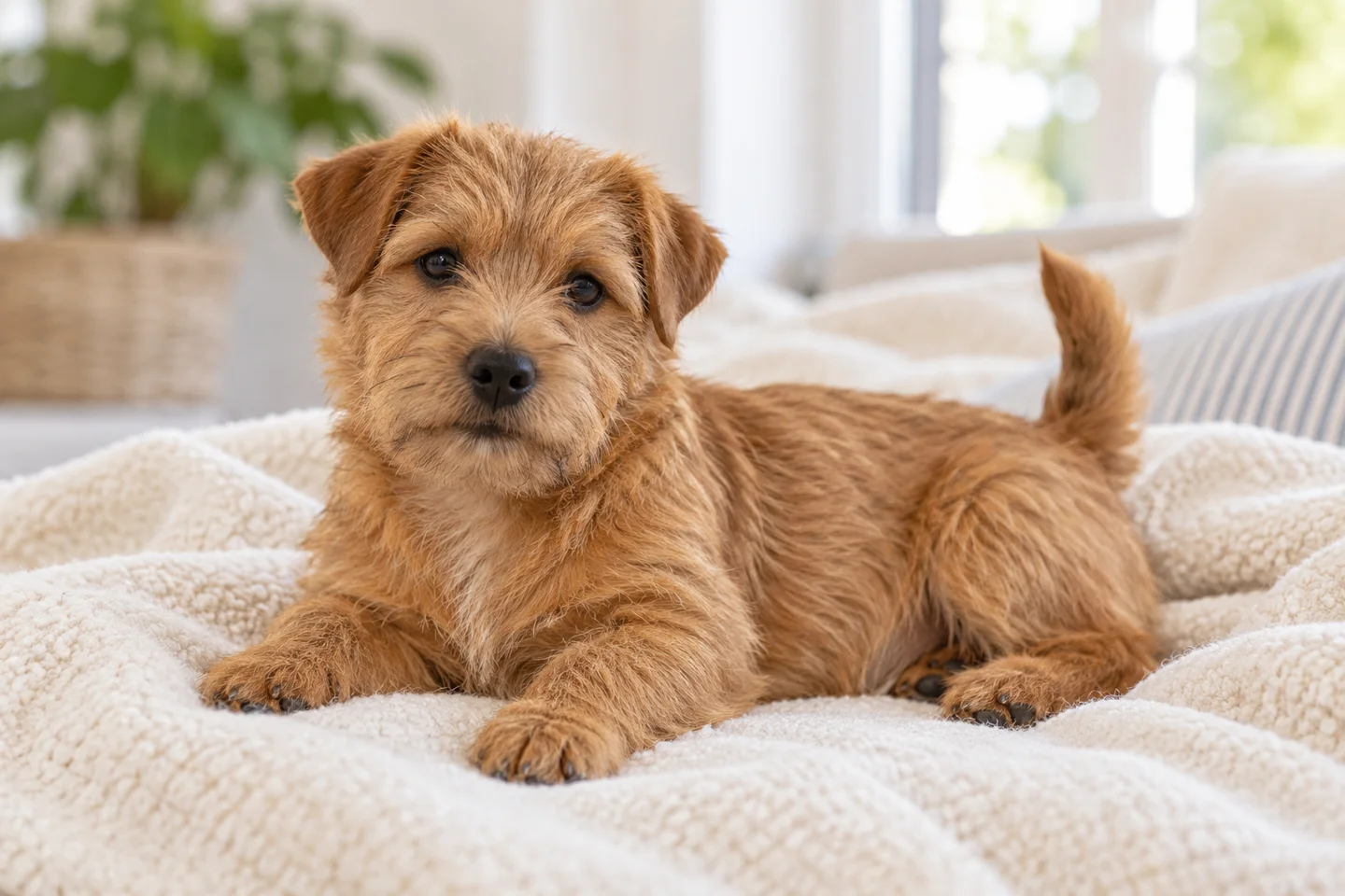 Norfolk Terrier older puppy resting on a blanket indoors, showing red wiry coat