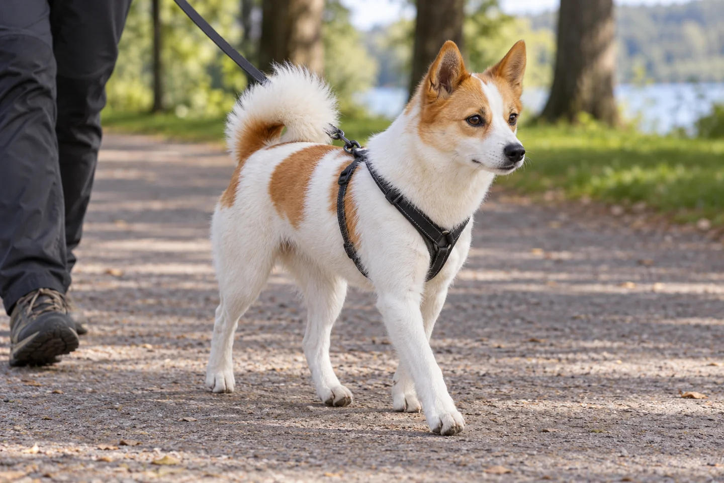 Norrbottenspets walking in a fitted harness beside an adult handler, showing white with red-yellow patches
