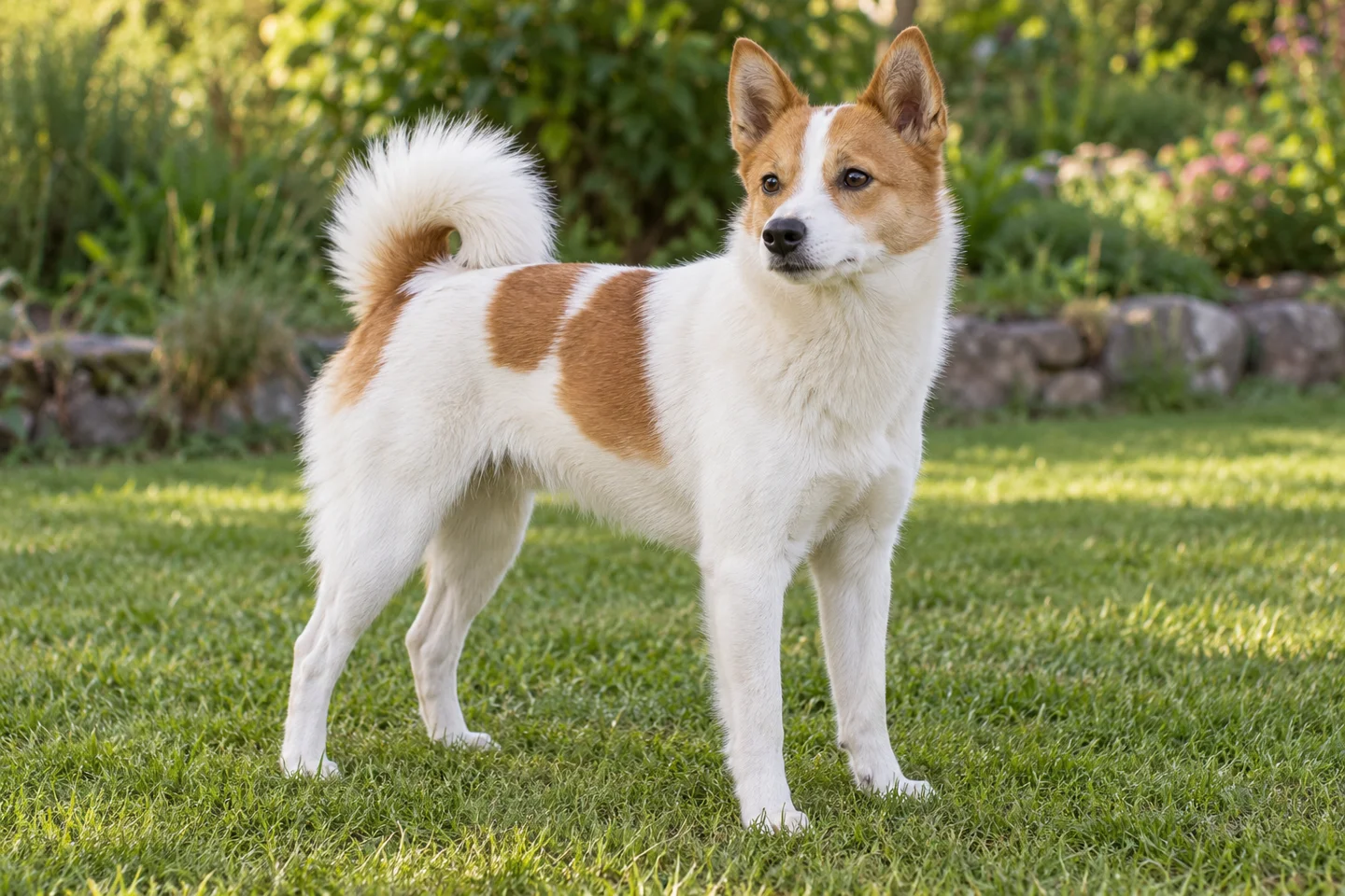 Norrbottenspets adult standing naturally on a garden lawn, showing white with red-yellow patches