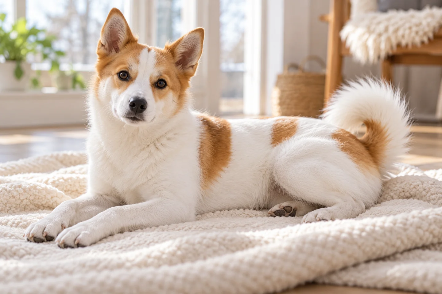 Norrbottenspets older puppy resting on a blanket indoors, showing white with red-yellow patches