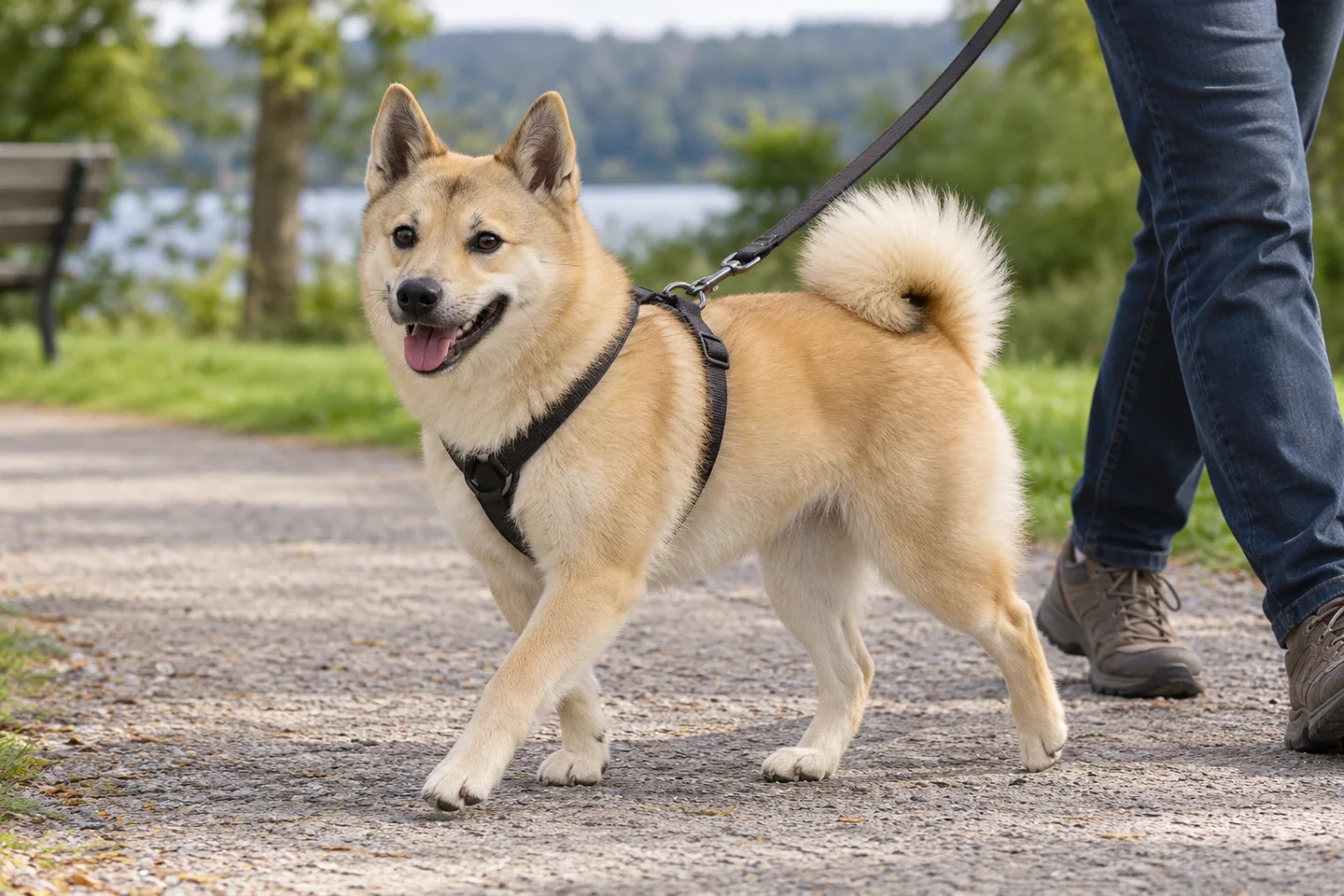 Norwegian Buhund walking in a fitted harness beside an adult handler, showing wheaten double coat