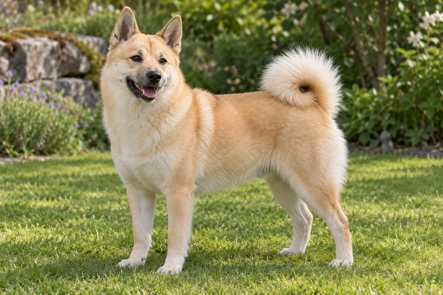 Norwegian Buhund adult standing naturally on a garden lawn, showing wheaten double coat