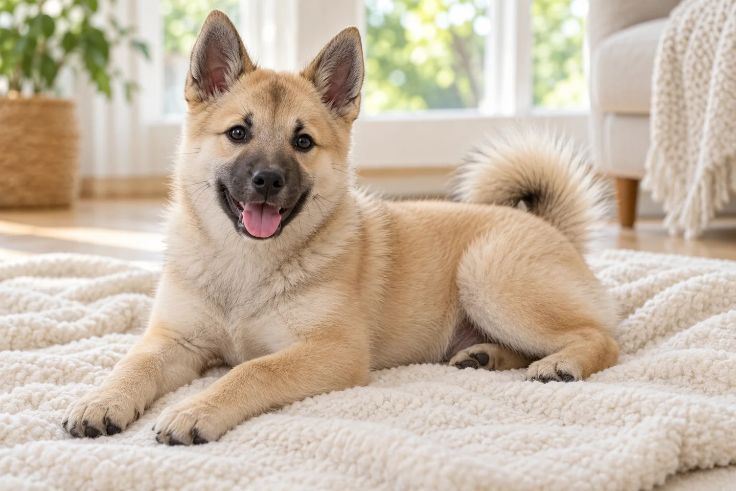 Norwegian Buhund older puppy resting on a blanket indoors, showing wheaten double coat