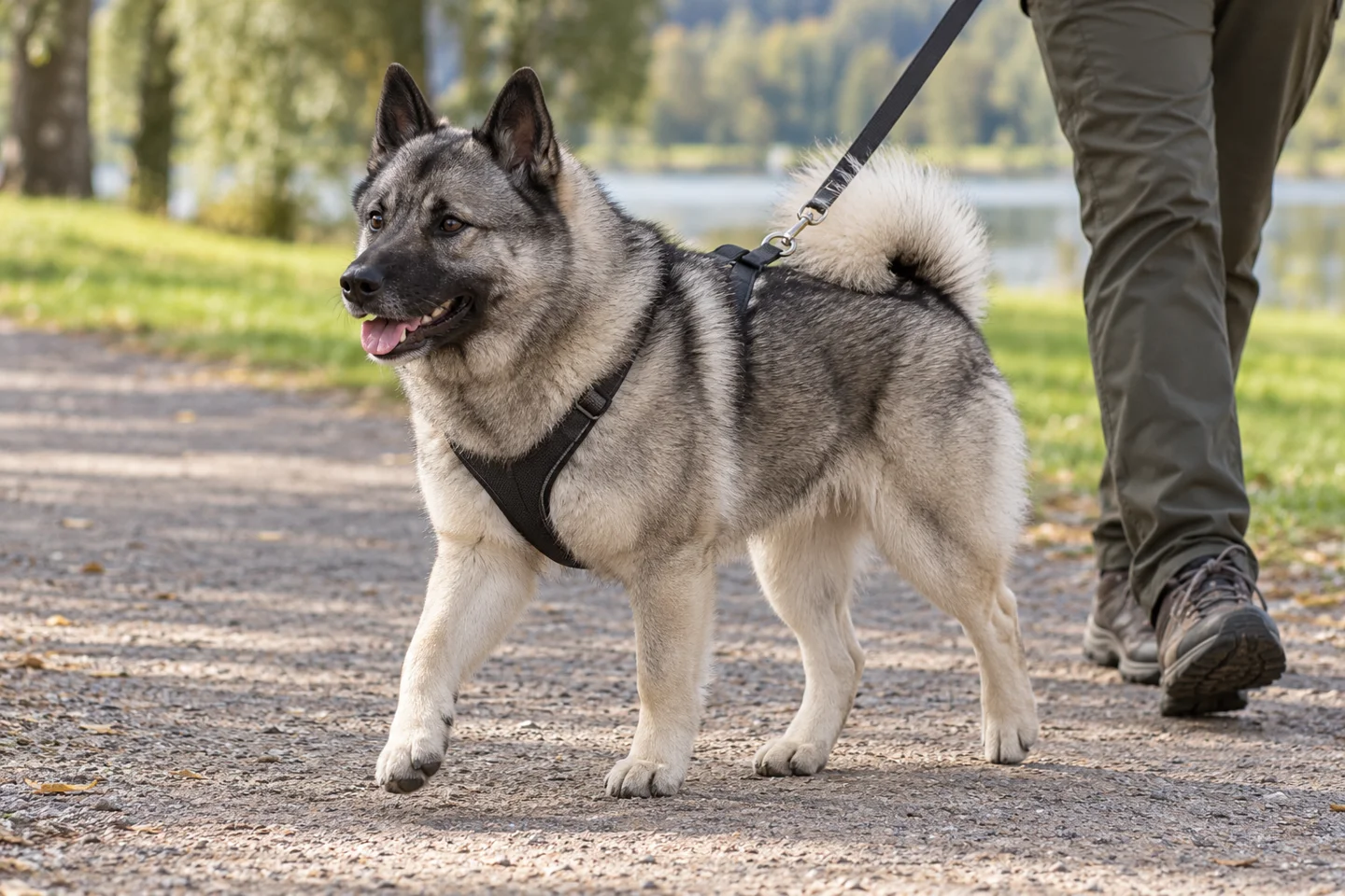 Norwegian Elkhound walking in a fitted harness beside an adult handler, showing grey with black mask