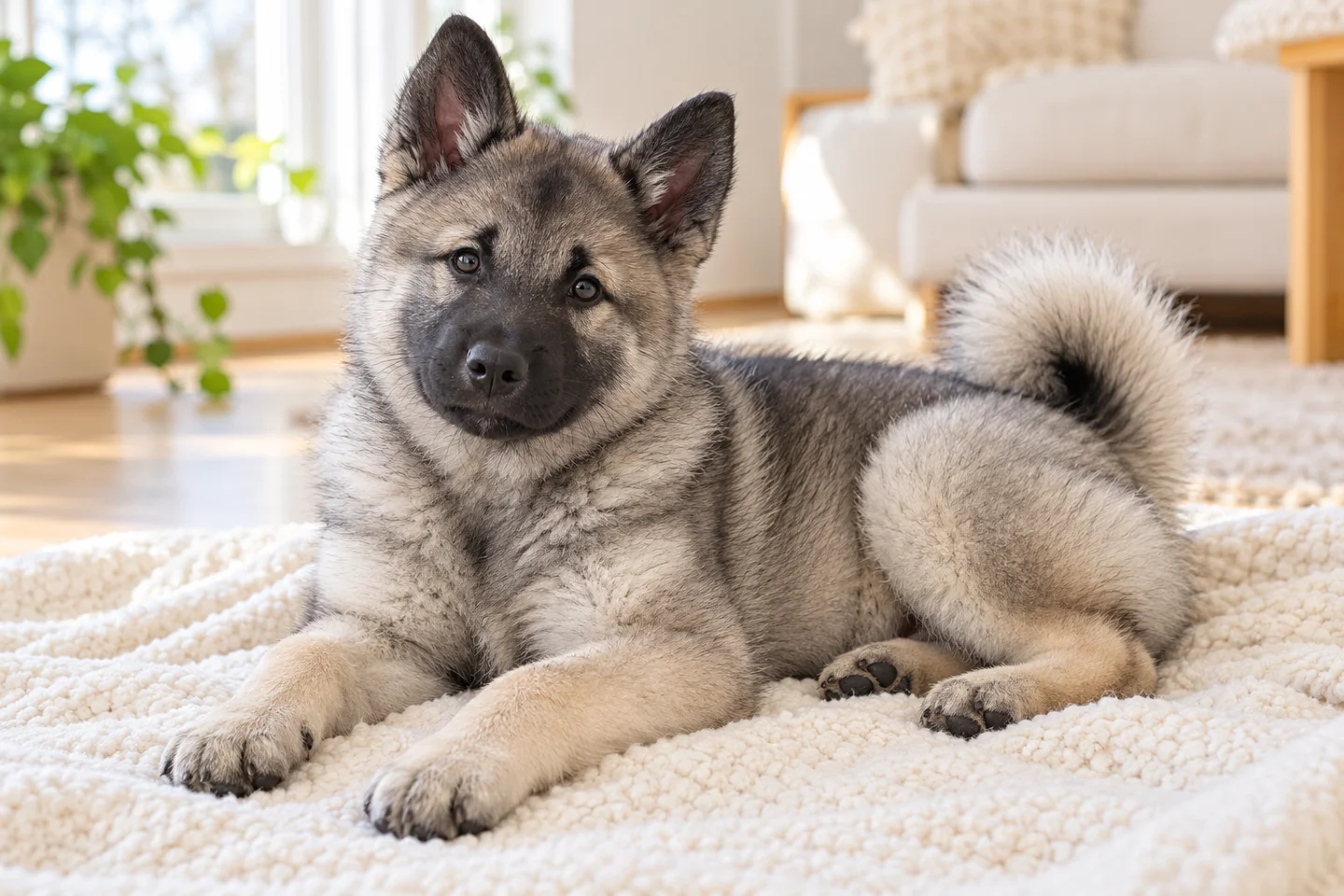Norwegian Elkhound older puppy resting on a blanket indoors, showing grey with black mask
