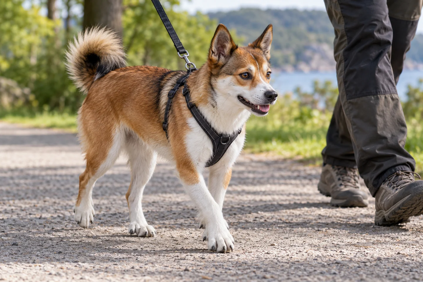 A Norwegian Lundehund walking on a loose lead in a harness beside an adult handler