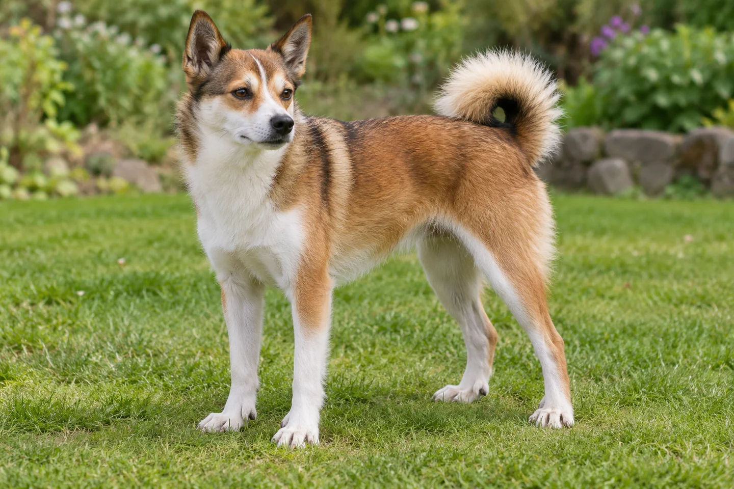An adult red-fawn and white Norwegian Lundehund with natural upright ears and a full curved tail