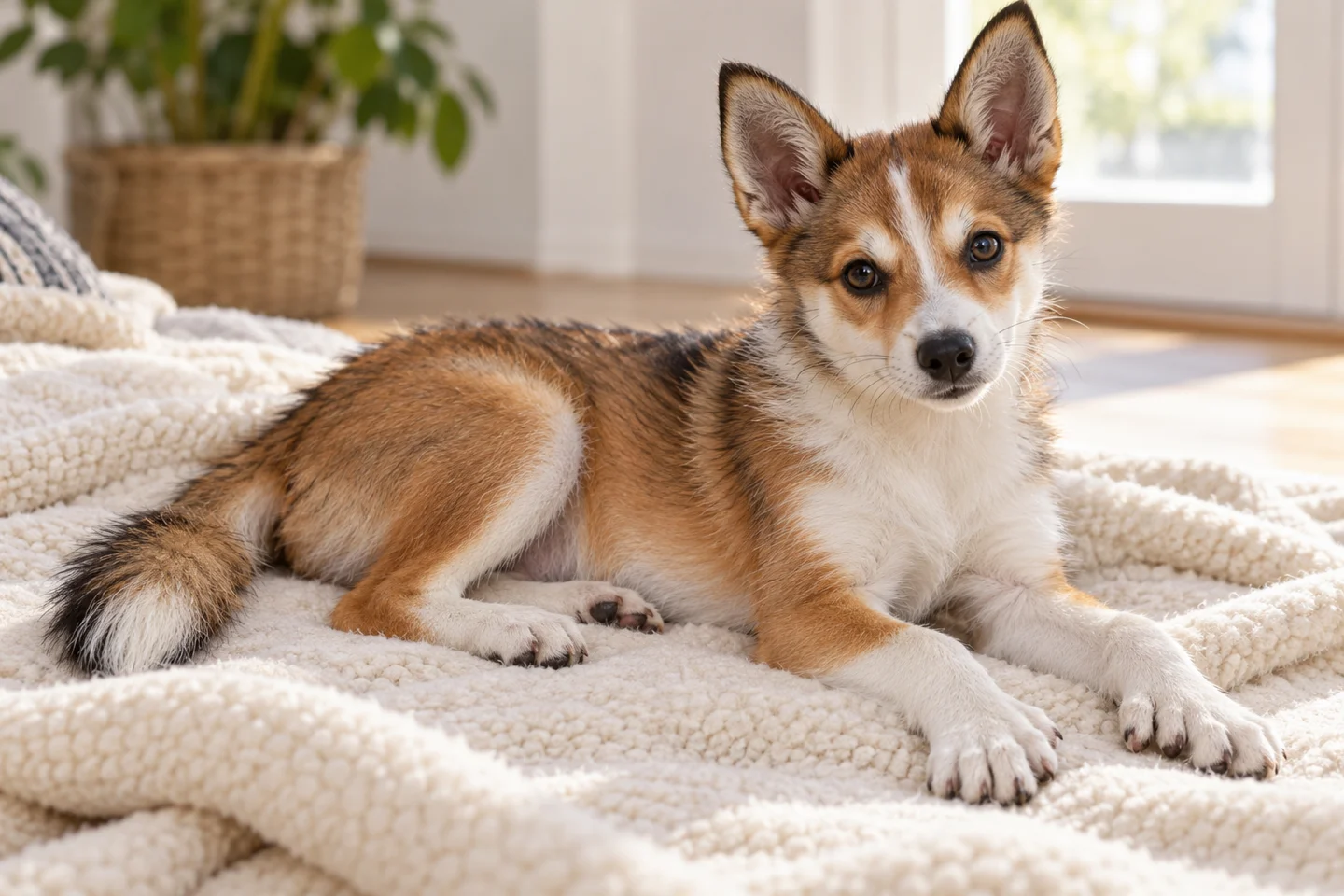 An older red-fawn and white Norwegian Lundehund puppy resting with naturally developing ears