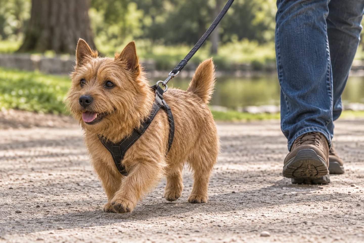 Norwich Terrier walking in a fitted harness beside an adult handler, showing red wiry coat