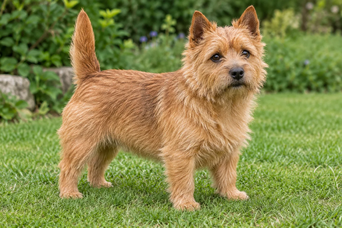 Norwich Terrier adult standing naturally on a garden lawn, showing red wiry coat