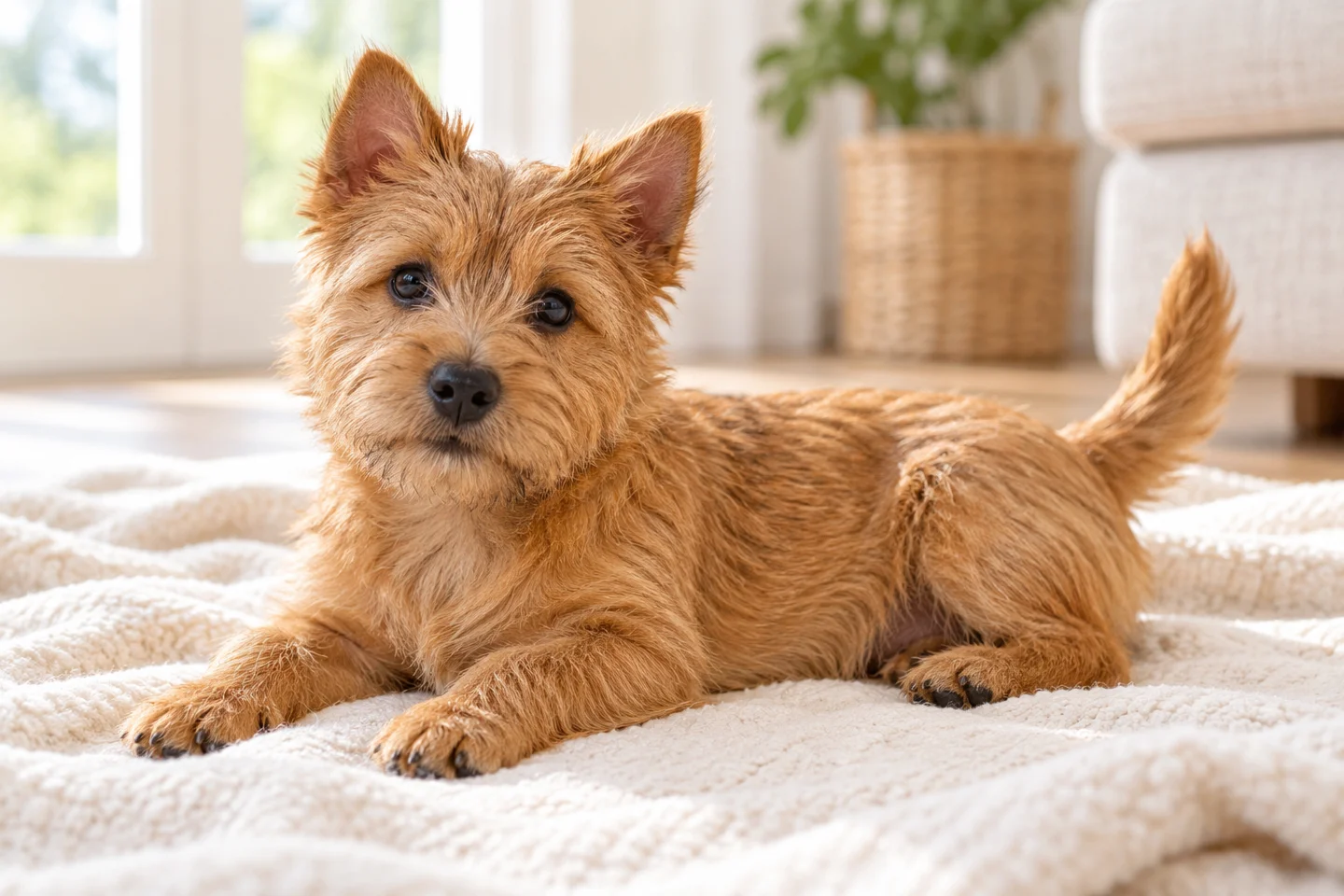 Norwich Terrier older puppy resting on a blanket indoors, showing red wiry coat