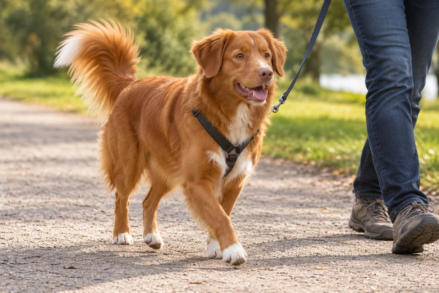 Nova Scotia Duck Tolling Retriever walking in a fitted harness beside an adult handler, showing orange-red with white markings