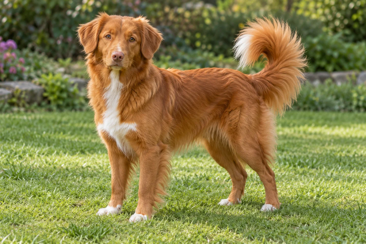 Nova Scotia Duck Tolling Retriever adult standing naturally on a garden lawn, showing orange-red with white markings