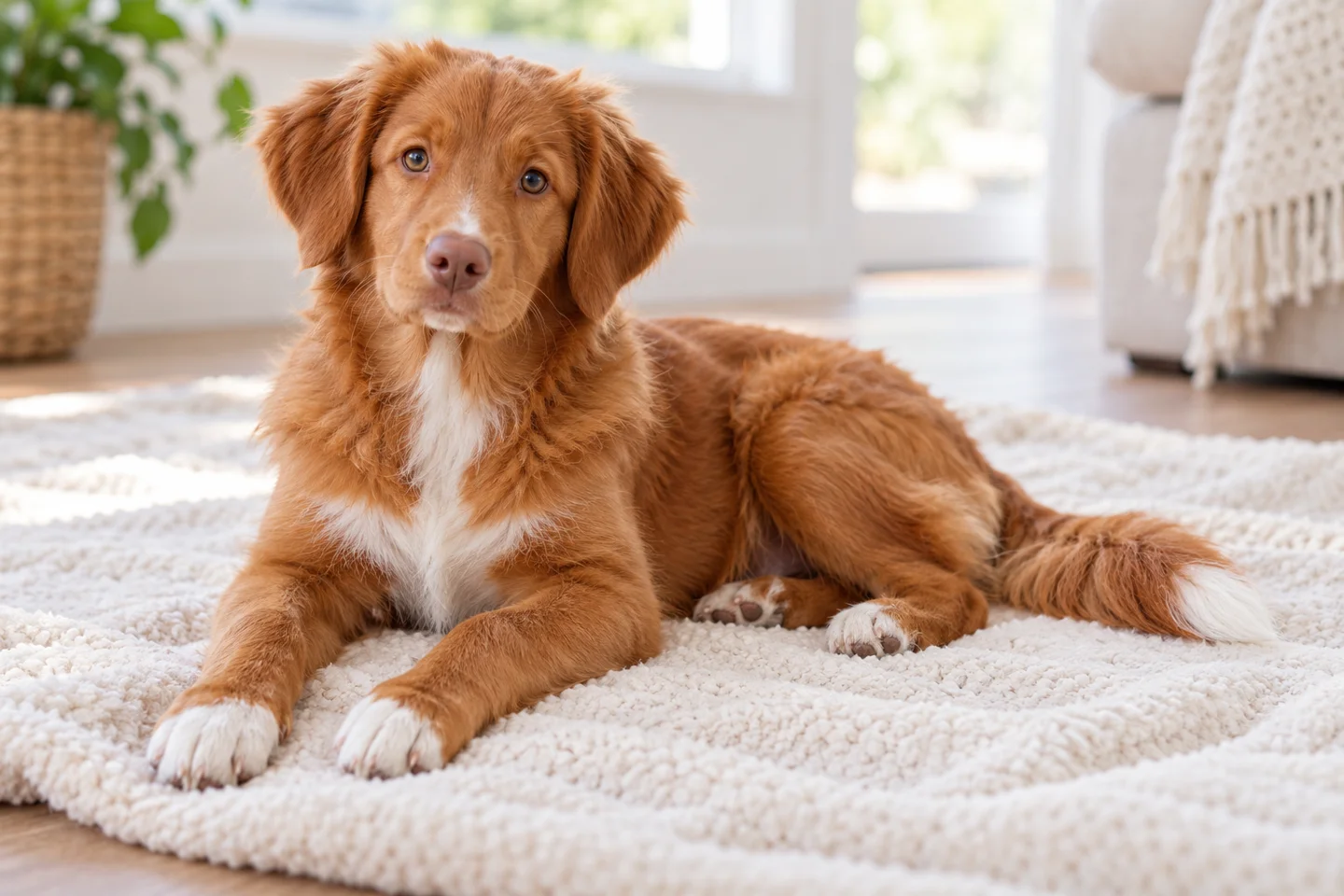 Nova Scotia Duck Tolling Retriever older puppy resting on a blanket indoors, showing orange-red with white markings