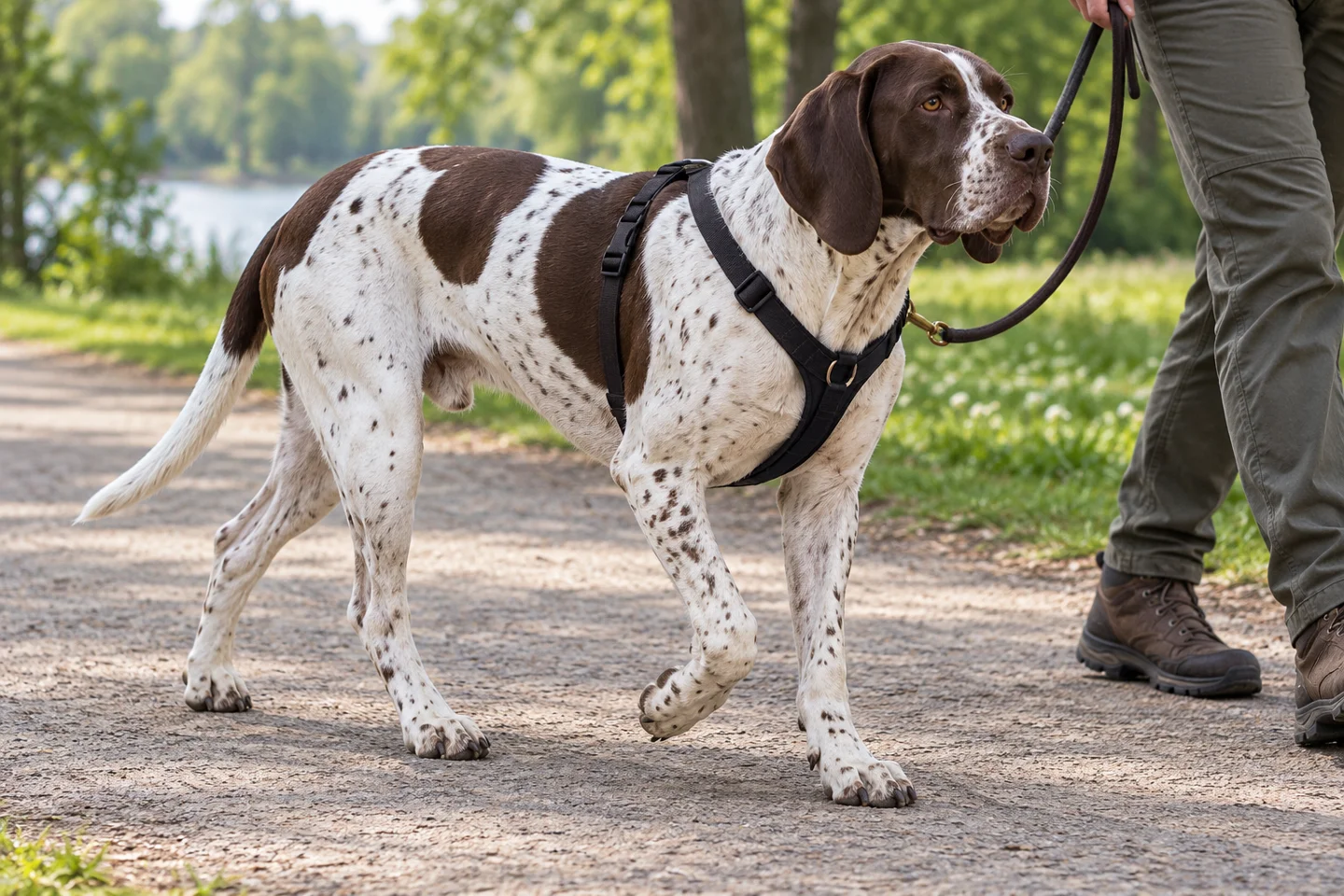 Old Danish Pointer walking in a fitted harness beside an adult handler, showing white with brown patches and flecks