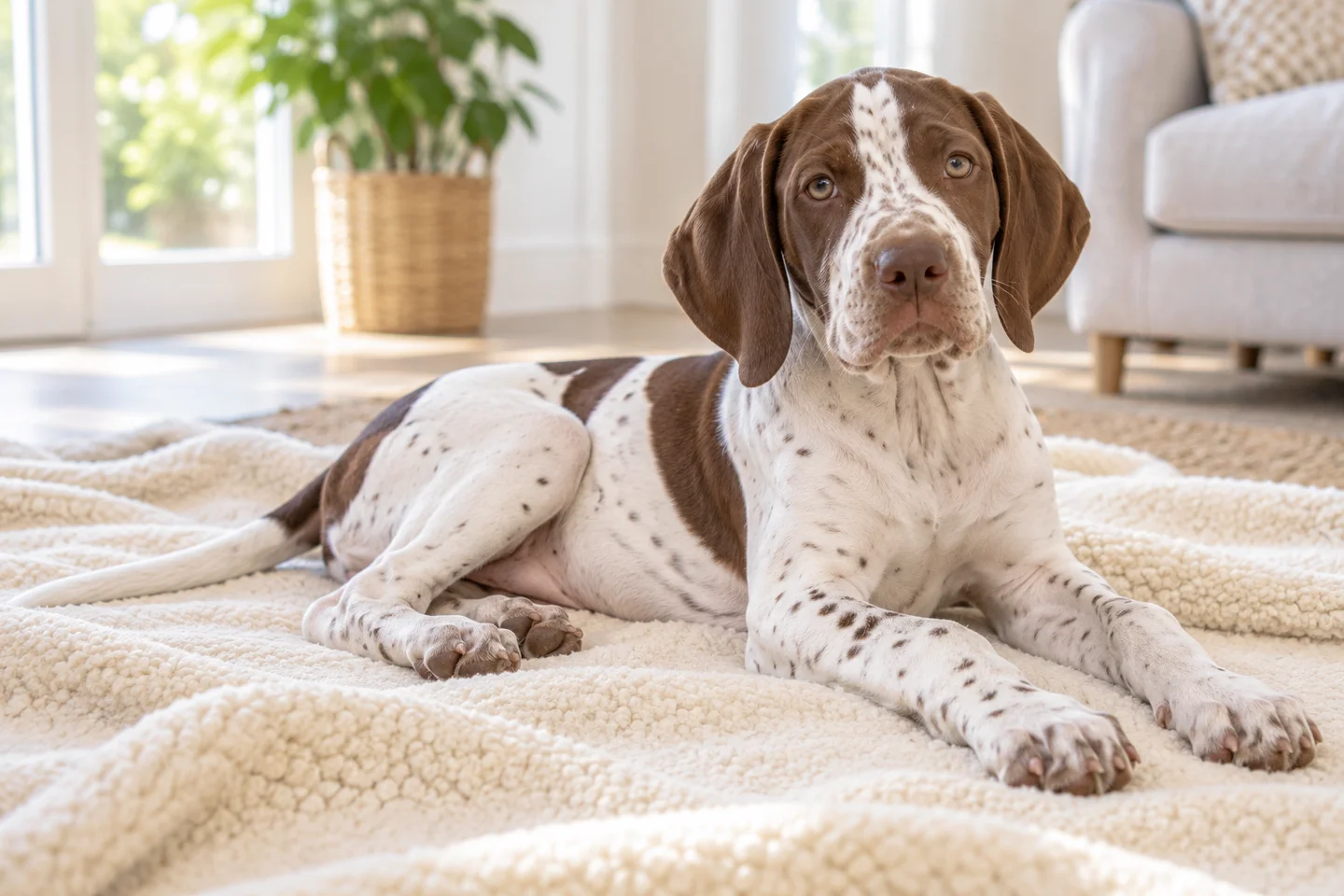Old Danish Pointer older puppy resting on a blanket indoors, showing white with brown patches and flecks