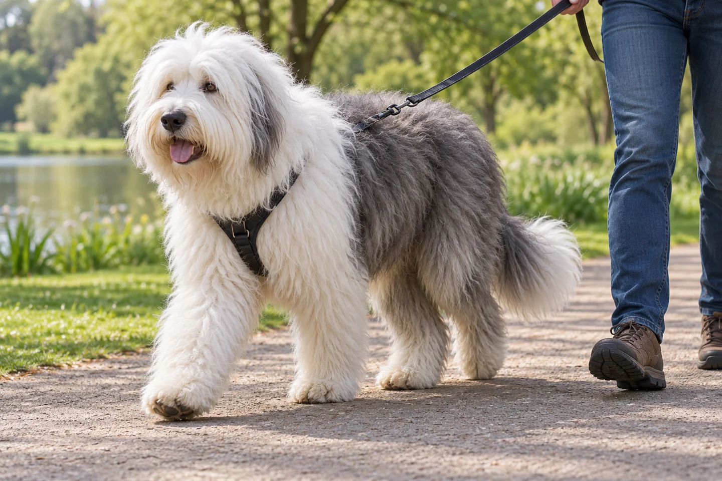 Old English Sheepdog walking in a fitted harness beside an adult handler, showing grey and white shaggy coat