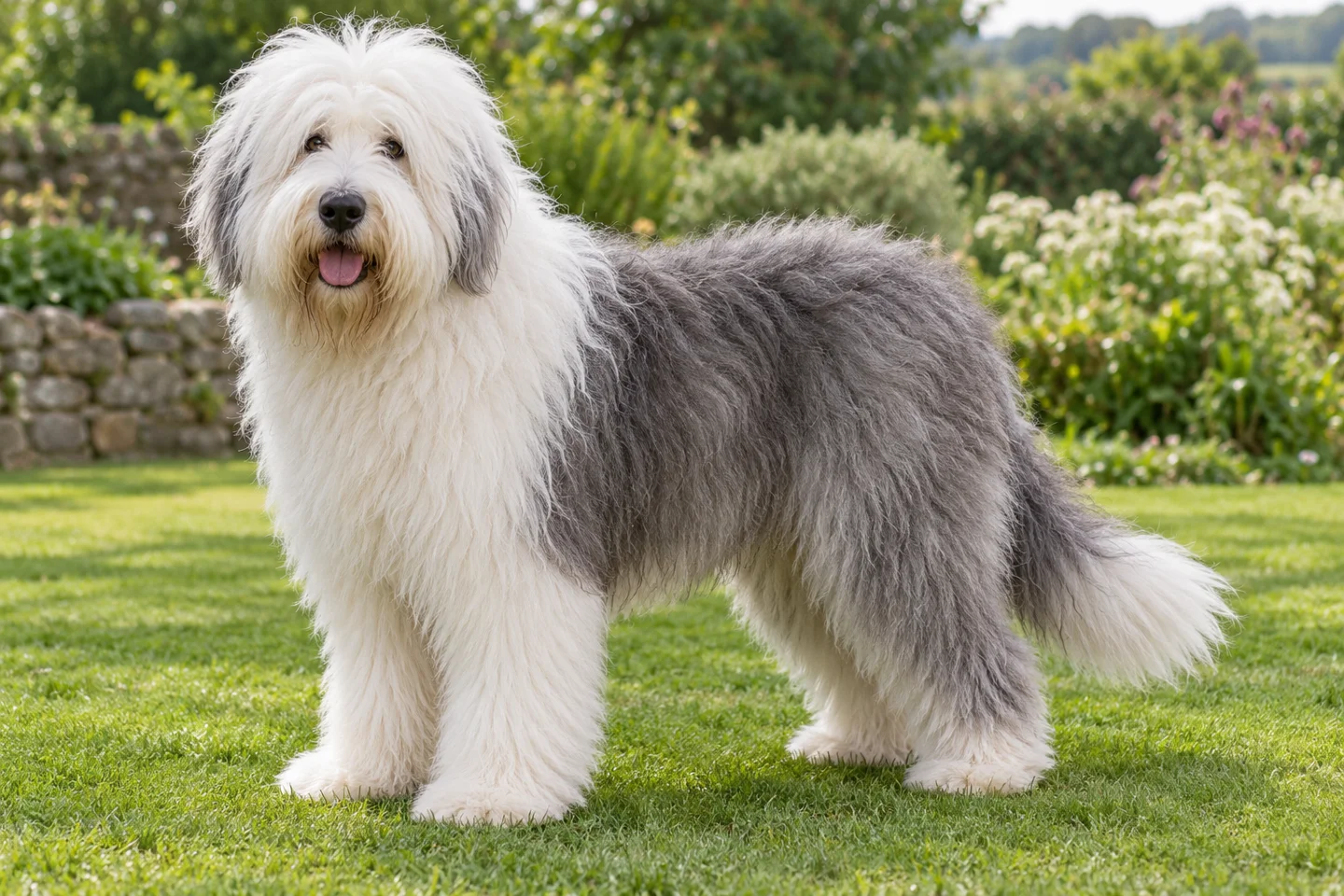 Old English Sheepdog adult standing naturally on a garden lawn, showing grey and white shaggy coat