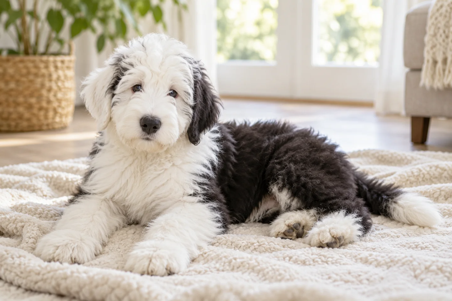 Old English Sheepdog older puppy resting on a blanket indoors, showing grey and white shaggy coat