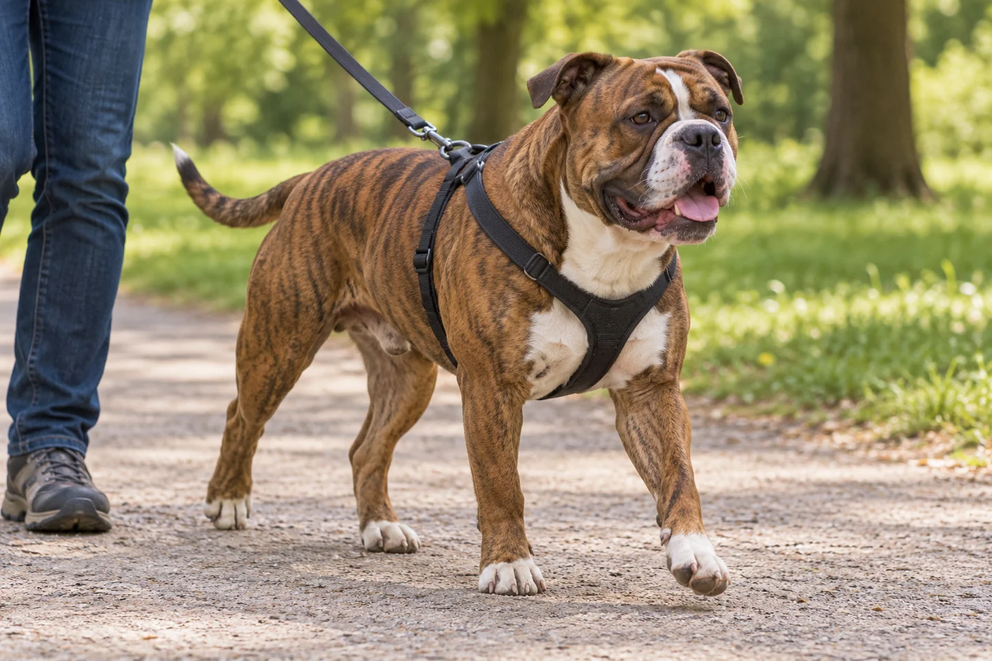 Olde English Bulldogge adult walking in a harness beside an adult handler, showing the selected breed type