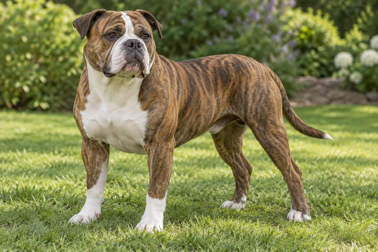 Olde English Bulldogge adult standing in a quiet outdoor setting, showing the selected breed type