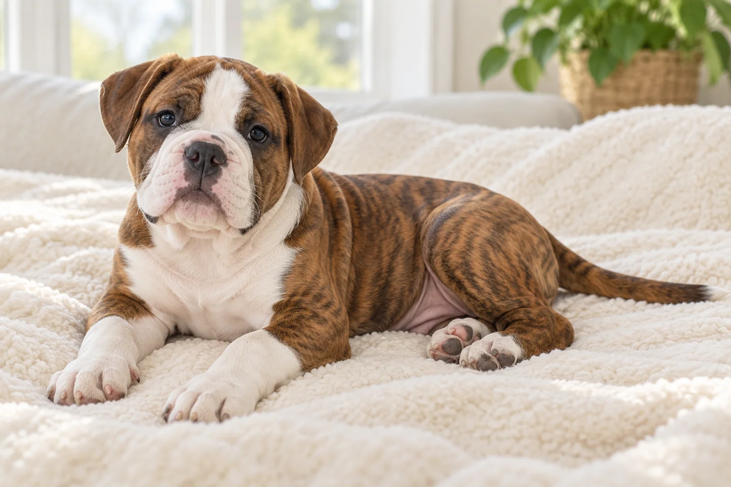 Olde English Bulldogge young dog resting indoors, showing the selected breed type