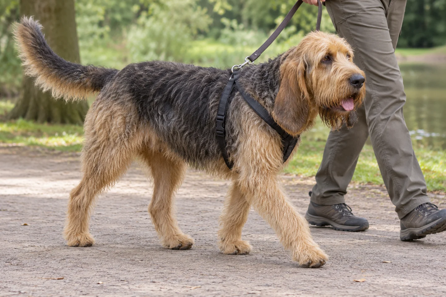 Otterhound adult walking in a harness beside an adult handler, showing the selected breed type
