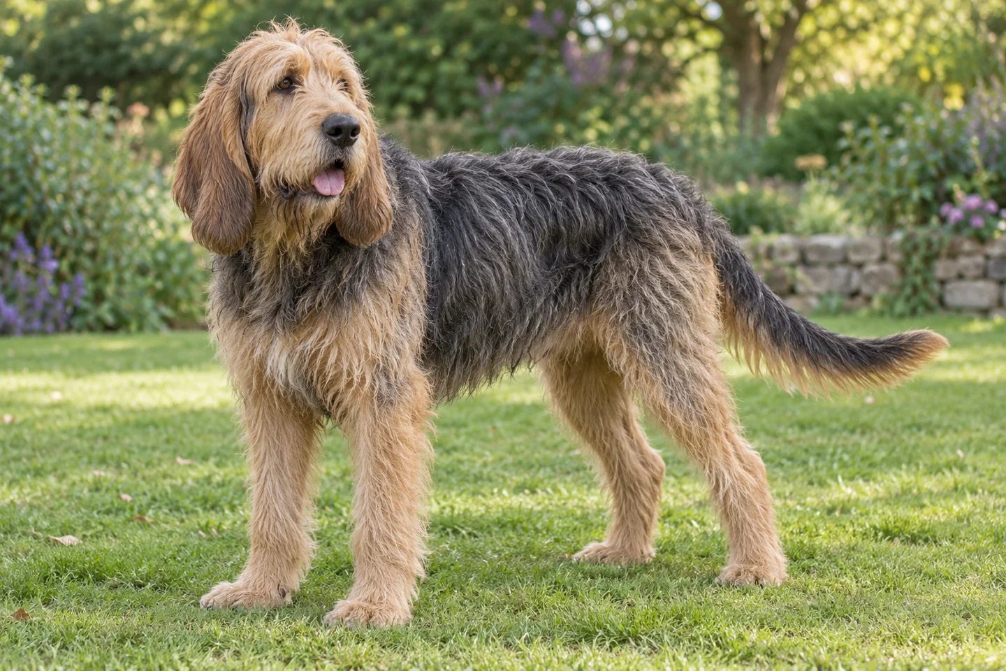 Otterhound adult standing in a quiet outdoor setting, showing the selected breed type