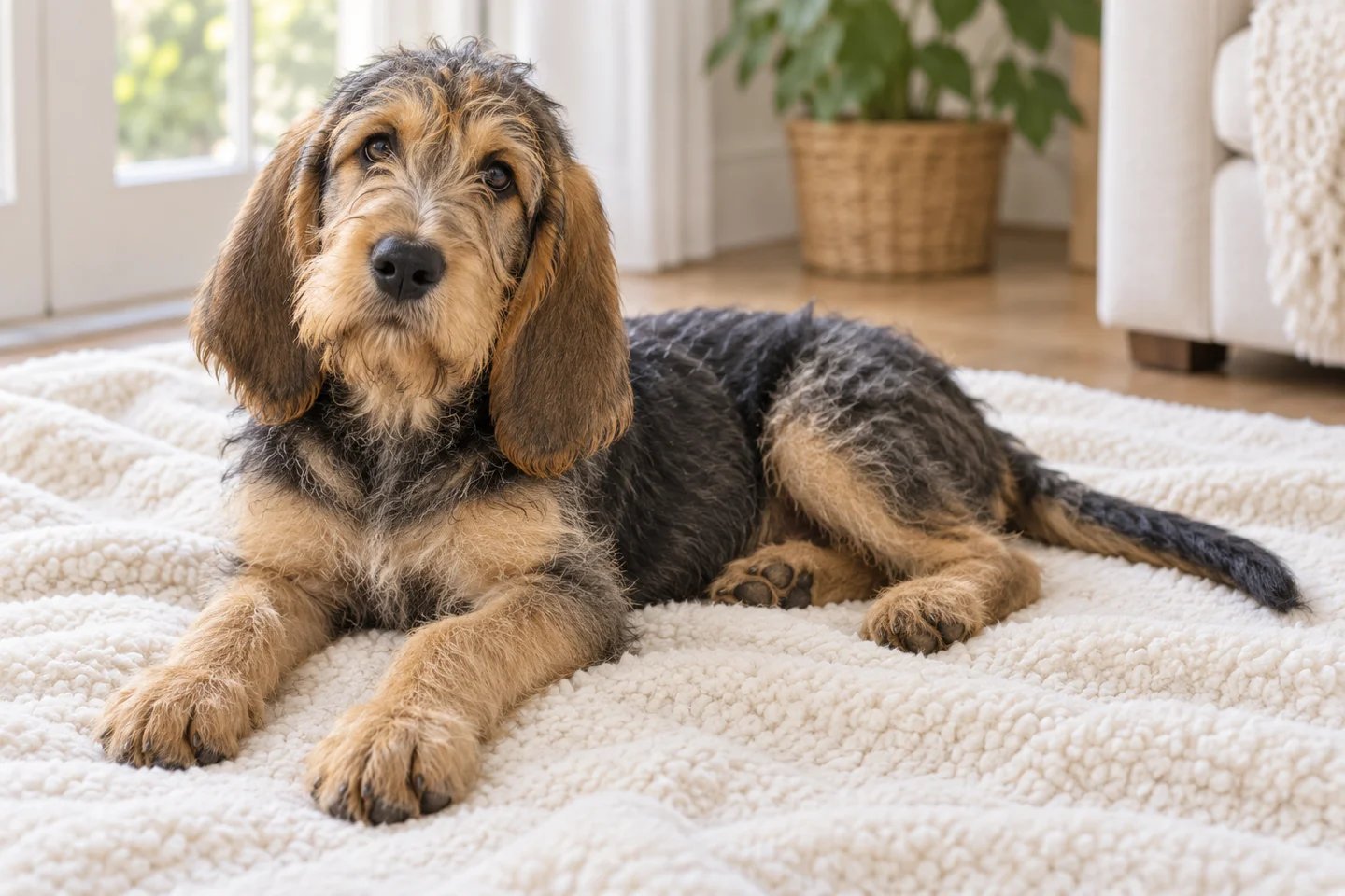 Otterhound young dog resting indoors, showing the selected breed type