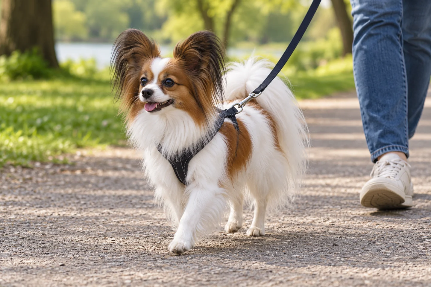 Papillon adult walking in a harness beside an adult handler, showing the selected breed type