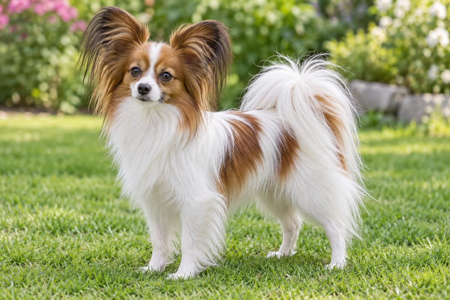 Papillon adult standing in a quiet outdoor setting, showing the selected breed type