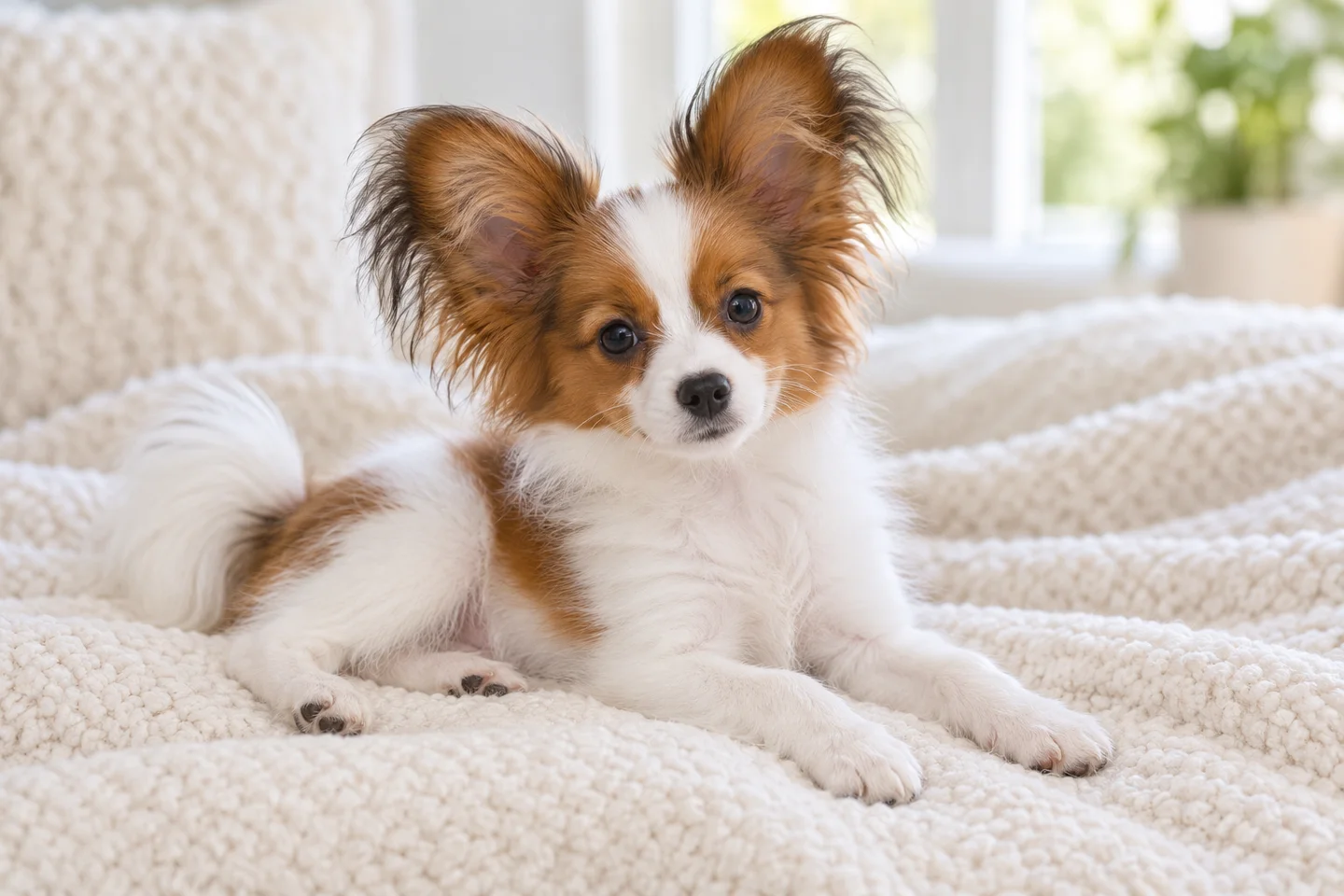 Papillon young dog resting indoors, showing the selected breed type