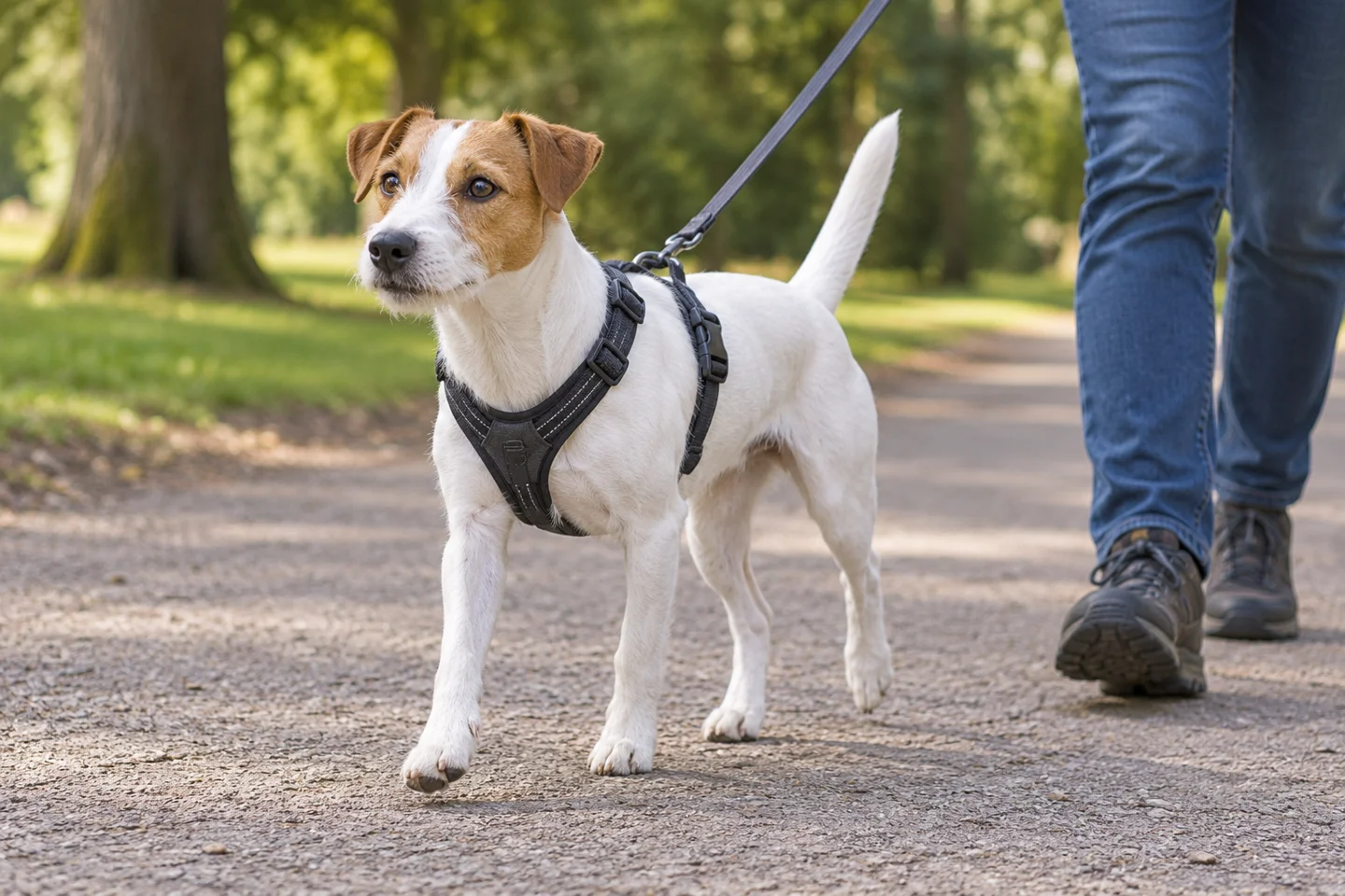 Parson Russell Terrier adult walking in a harness beside an adult handler, showing the selected breed type