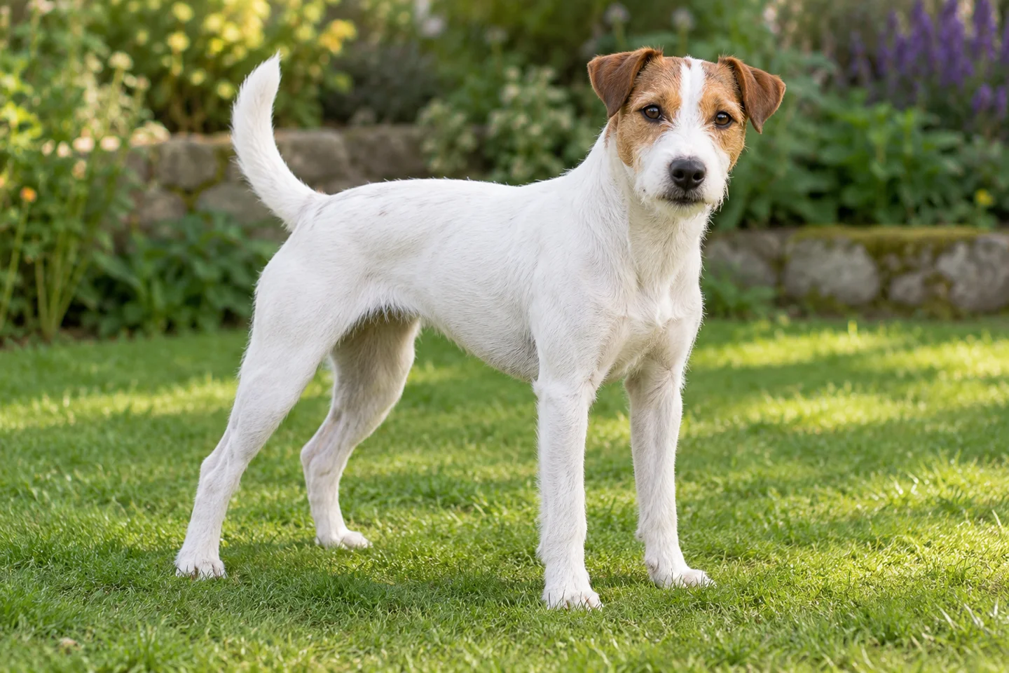 Parson Russell Terrier adult standing in a quiet outdoor setting, showing the selected breed type