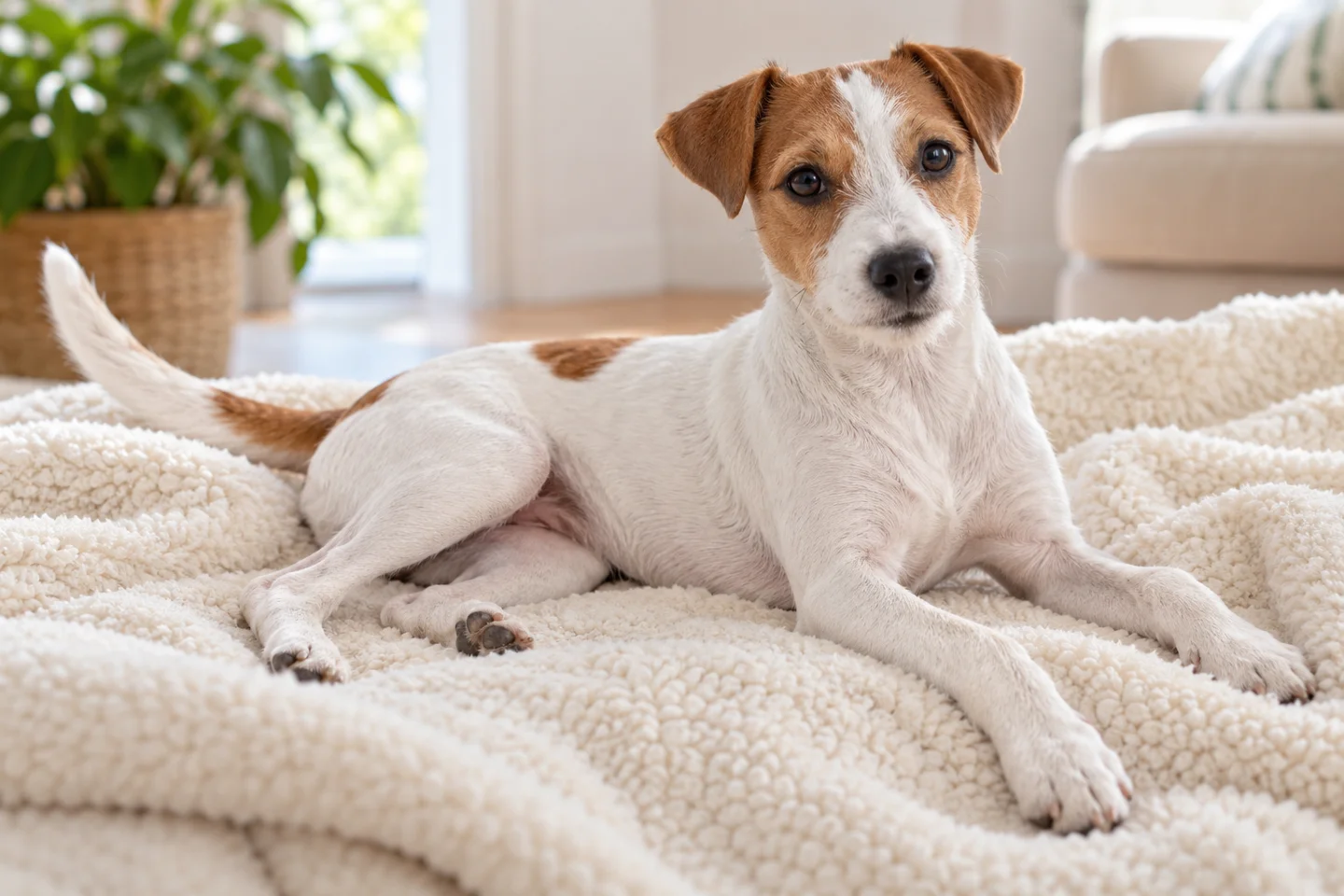 Parson Russell Terrier young dog resting indoors, showing the selected breed type