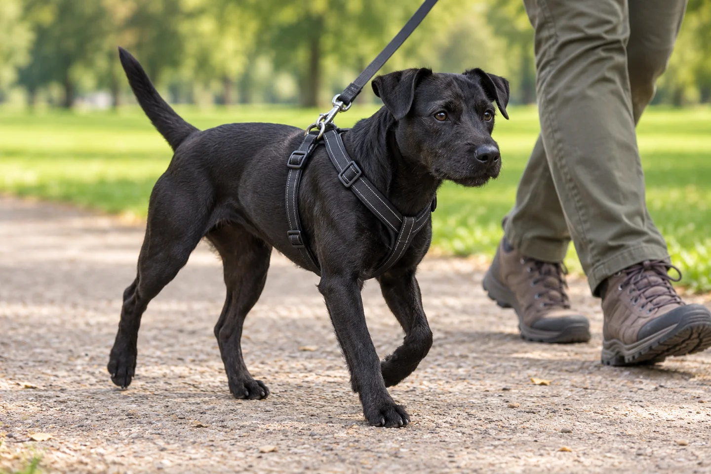 Patterdale Terrier adult walking in a harness beside an adult handler, showing the selected breed type