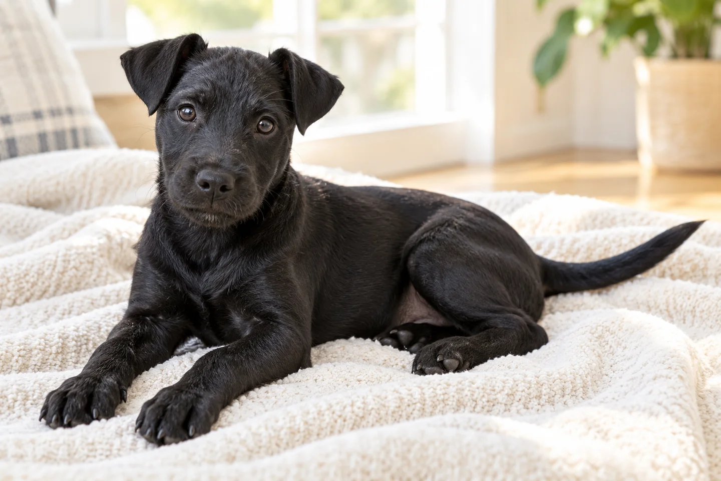 Patterdale Terrier young dog resting indoors, showing the selected breed type