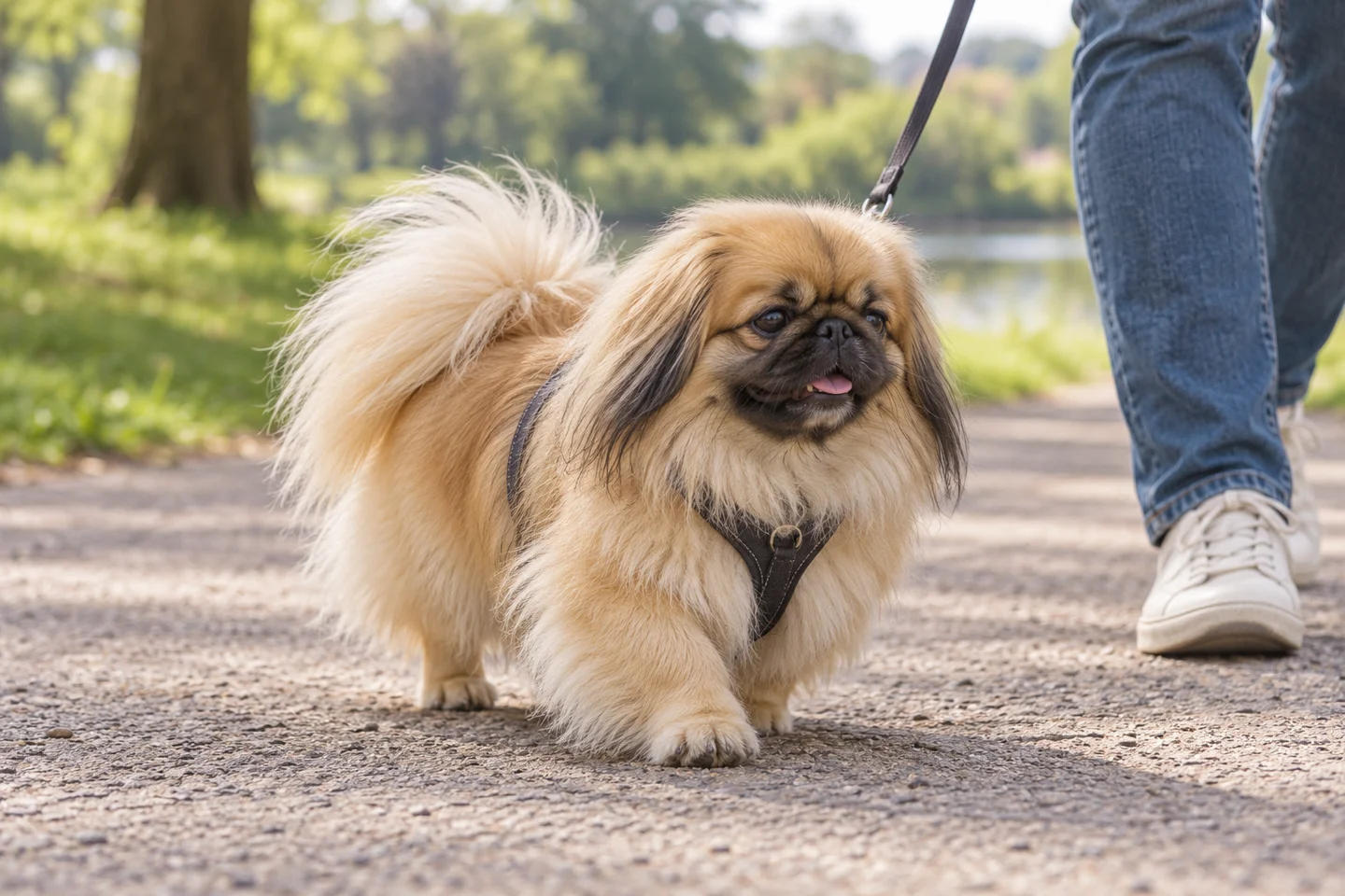 A fawn black-masked Pekingese walking on a loose lead with a correctly fitted harness and adult handler
