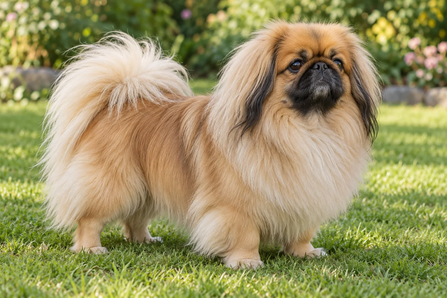 A fawn Pekingese adult with a black mask, visible eyes, natural pendant ears and full feathered tail