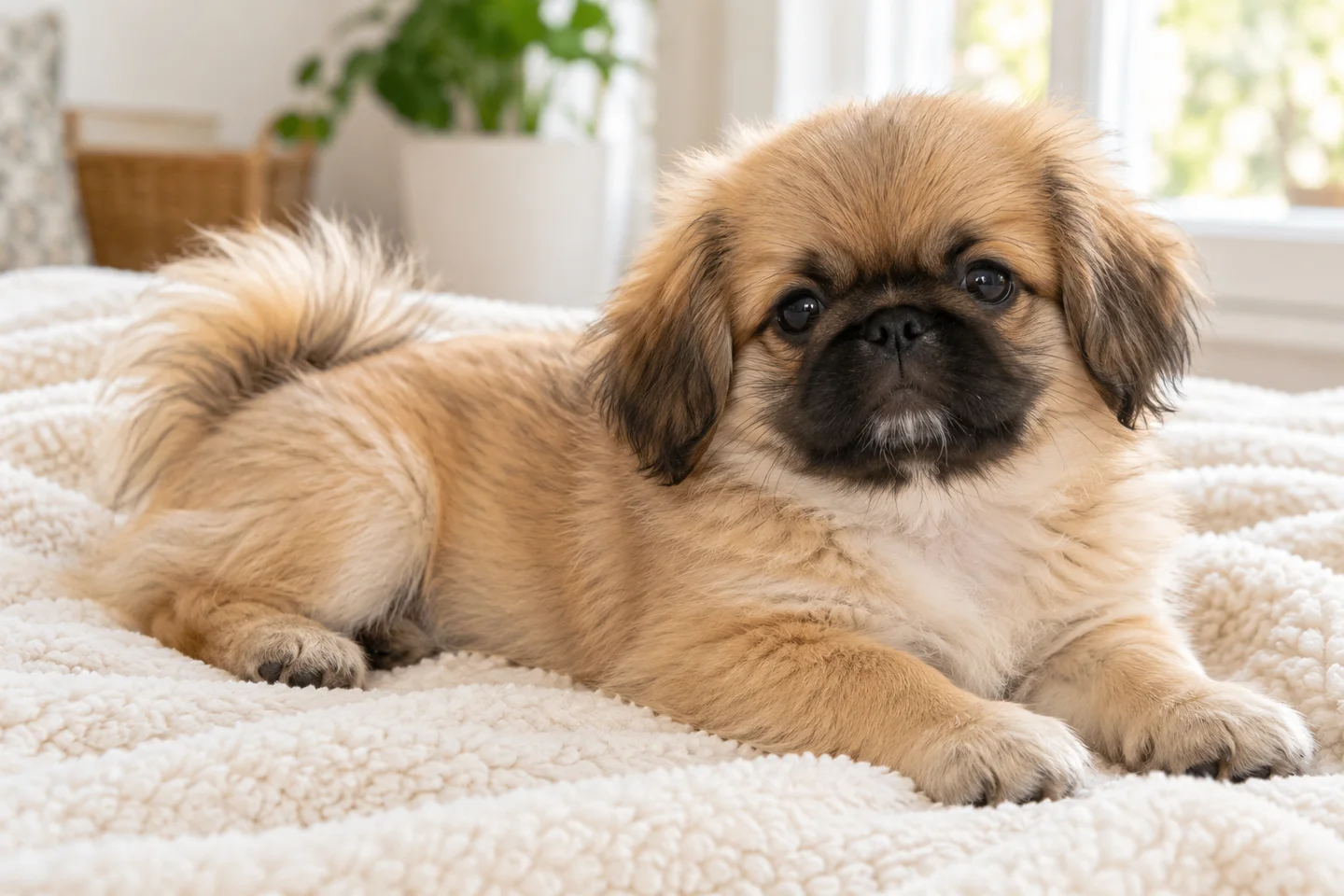 An older fawn Pekingese puppy with a black mask and developing natural ear and tail furnishings