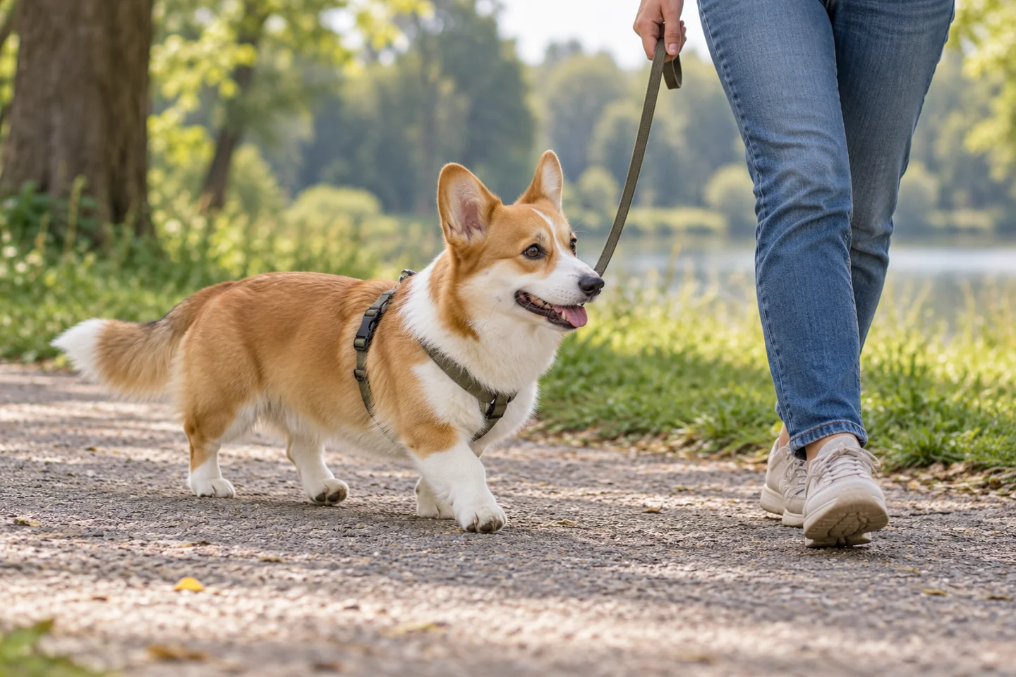 Pembroke Welsh Corgi walking beside a person on a park path in a harness