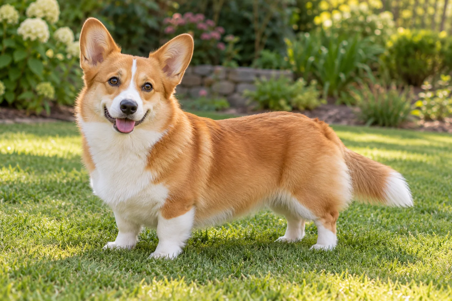 Adult red and white Pembroke Welsh Corgi with upright ears and a natural long tail standing on grass