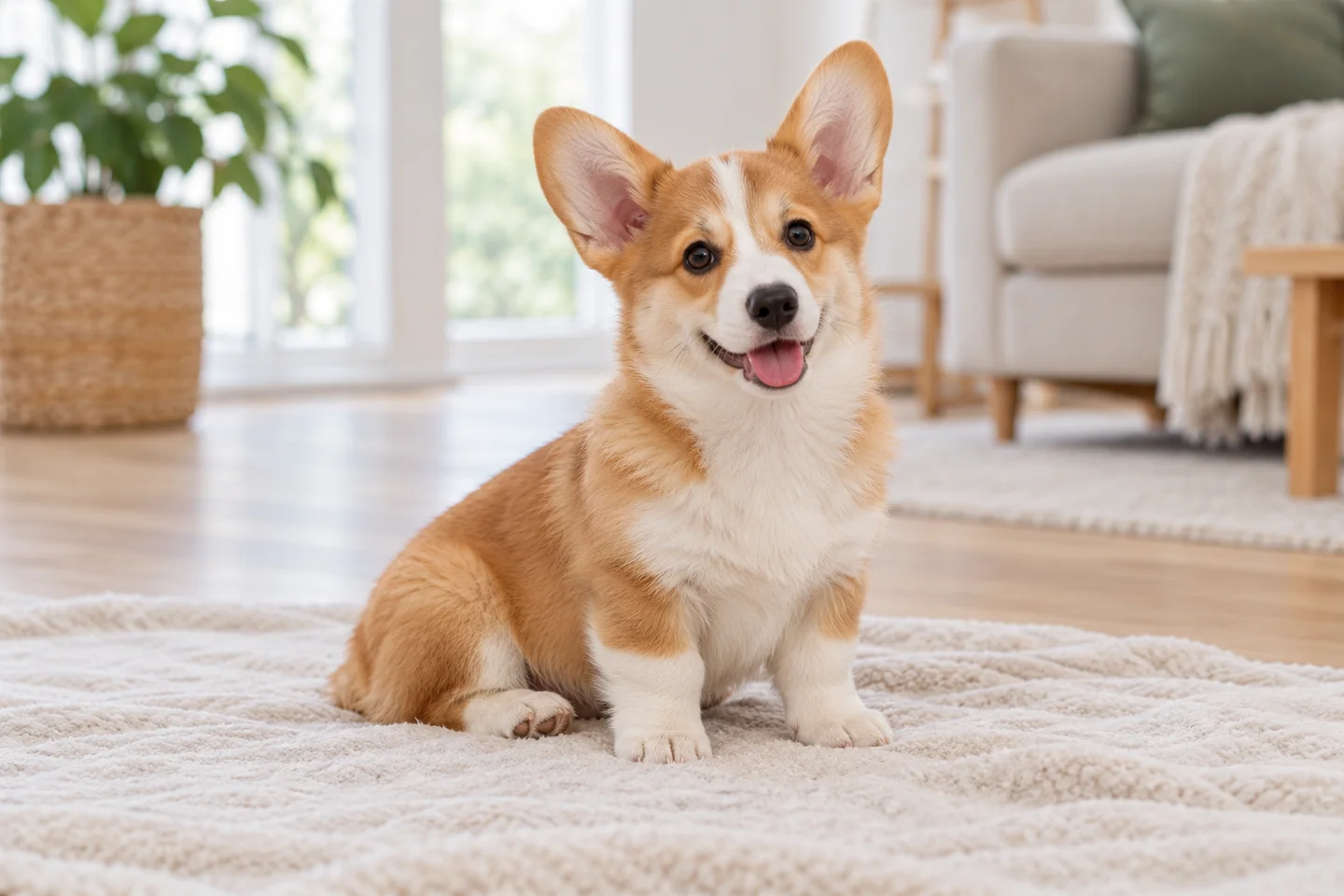 Red and white Pembroke Welsh Corgi puppy sitting on a blanket indoors